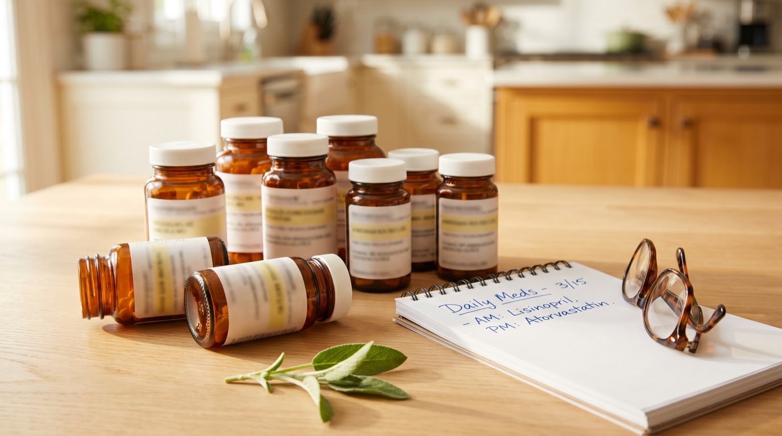 Editorial still life of medication bottles, a pharmacist's notepad, and reading glasses on a wooden table — hospital pharmacist's review of medications older adults should avoid