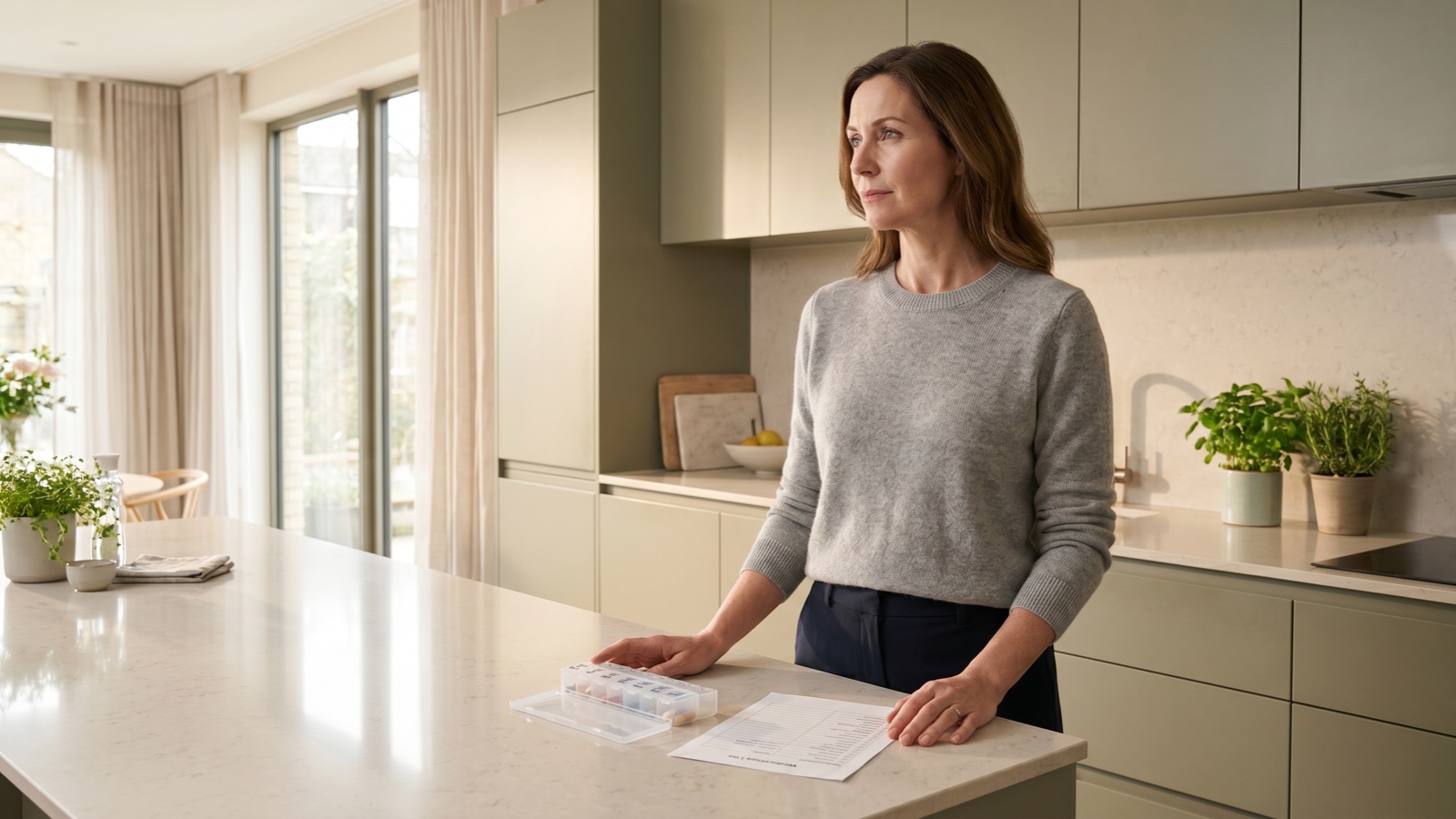 A woman stands at a kitchen island with a weekly pill organizer and a printed medication list in front of her, looking toward the window.