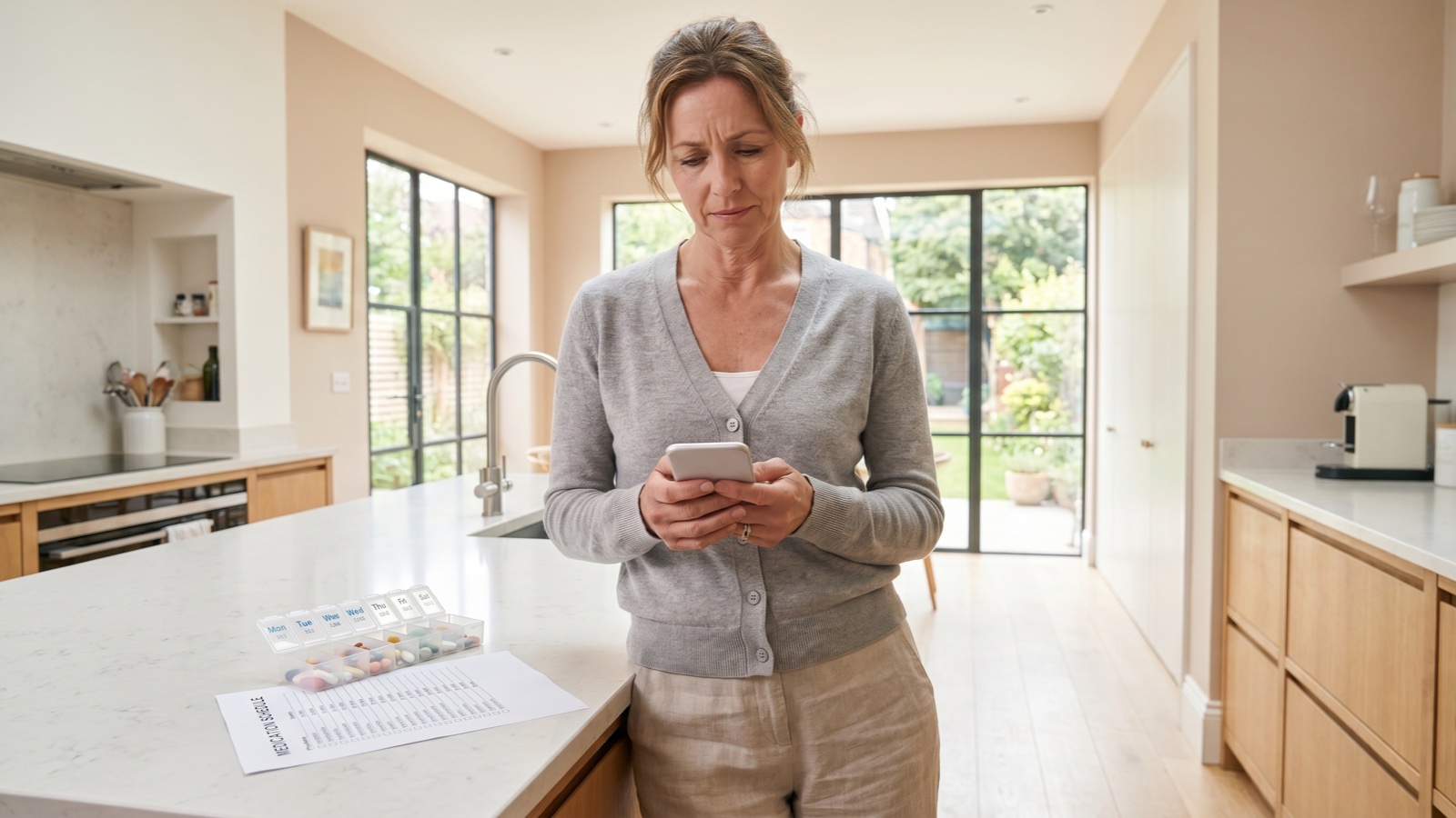 A woman stands at a kitchen island reading her phone, a weekly pill organizer and a printed medication schedule on the counter beside her.
