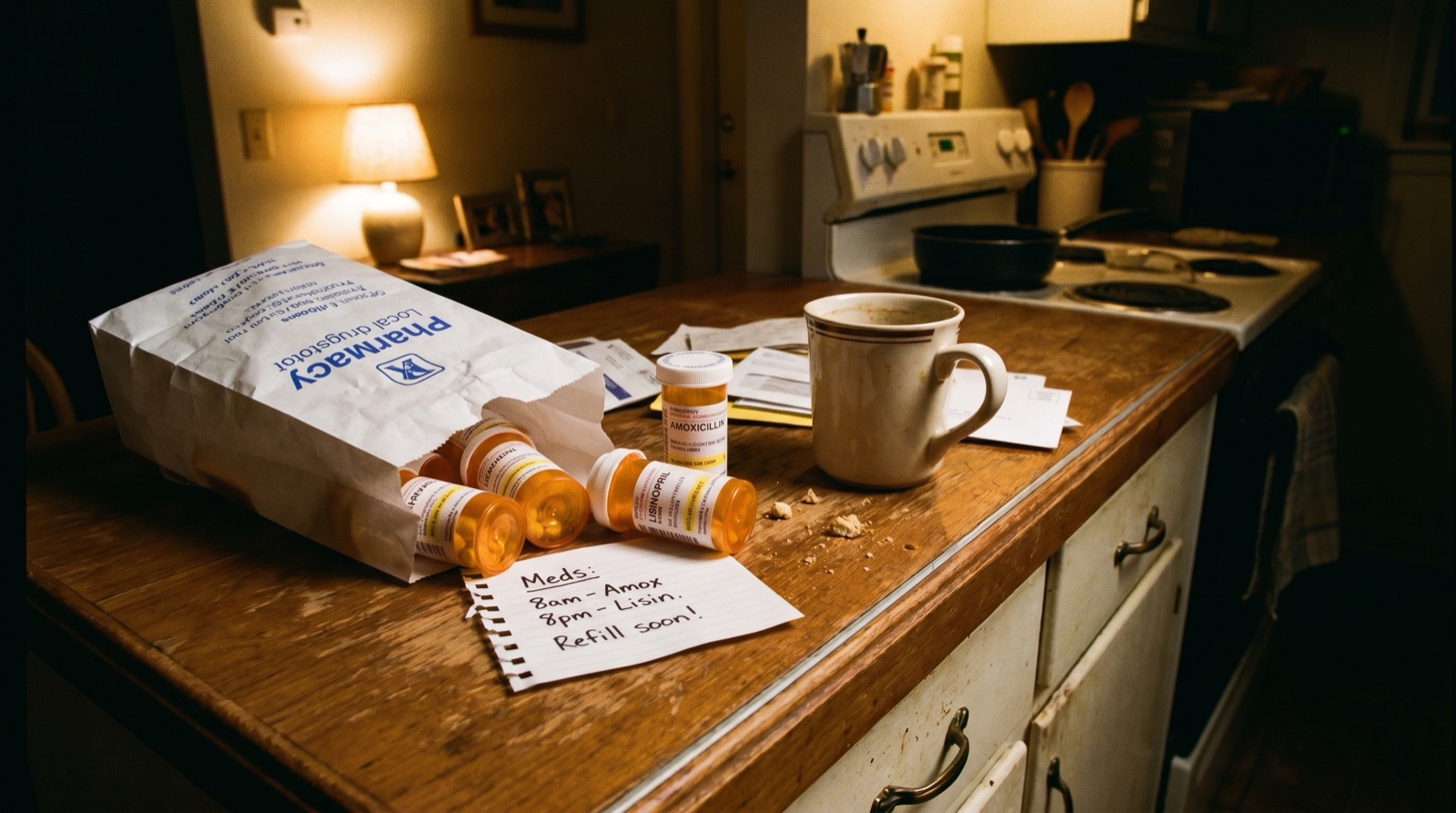 A pharmacy bag with new prescription bottles and a handwritten medication list on a kitchen counter at night, the first night home from the hospital.
