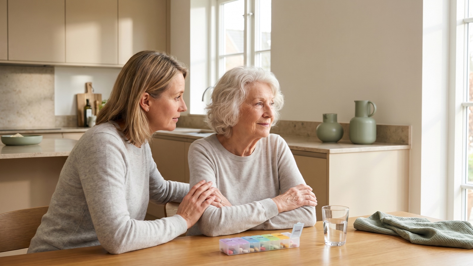 An adult daughter sits with her elderly mother at a bright kitchen table, an untouched weekly pill organizer and a glass of water between them.