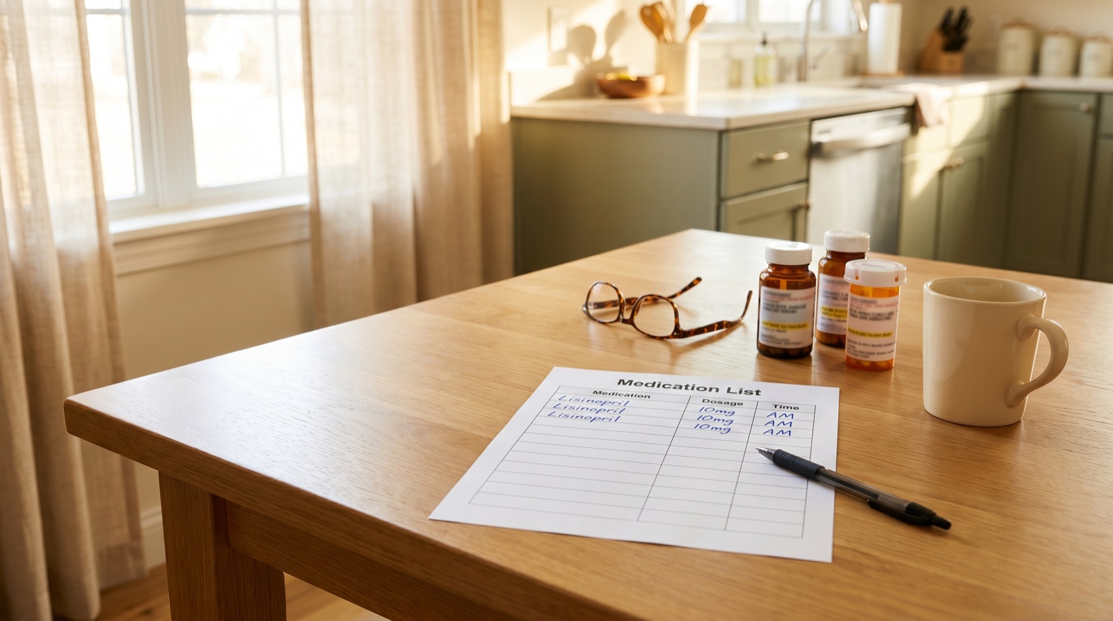 Caregiver's kitchen workspace with a printed medication list template being filled in, prescription bottles, reading glasses, and coffee — for families managing a parent's medications