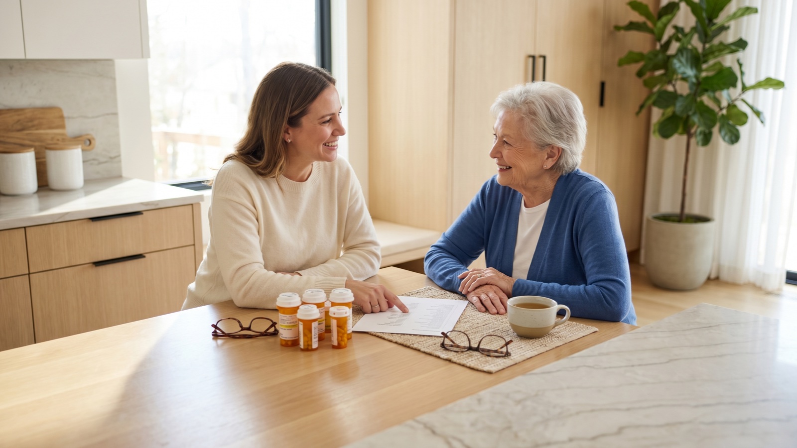An adult daughter and her elderly mother sit together at a bright, sunlit kitchen table, calmly reviewing a printed medication list and a few prescription bottles.