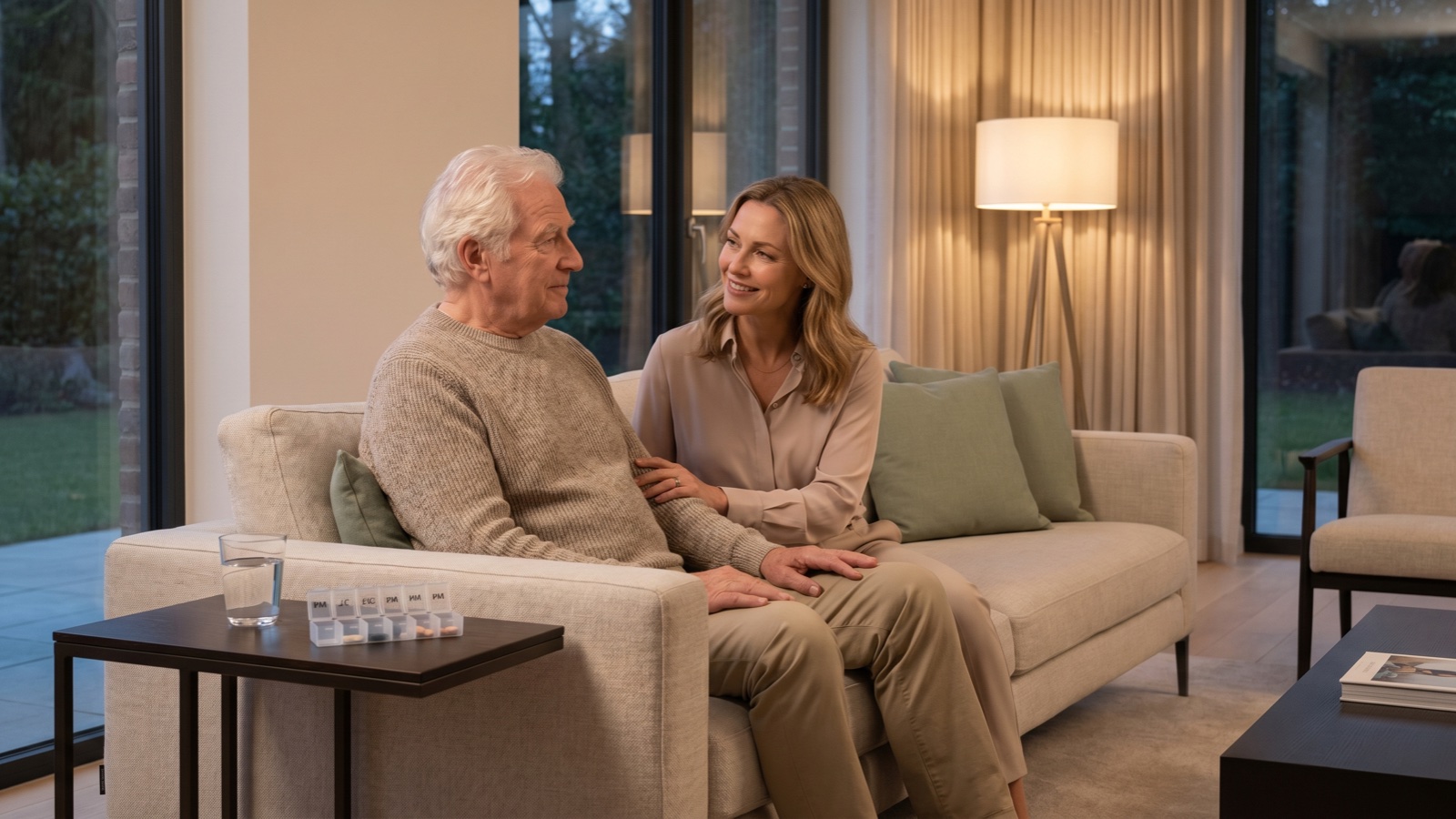 An adult daughter sits close beside her elderly father on a living-room sofa in warm evening lamplight, a weekly pill organizer and a glass of water on the side table.