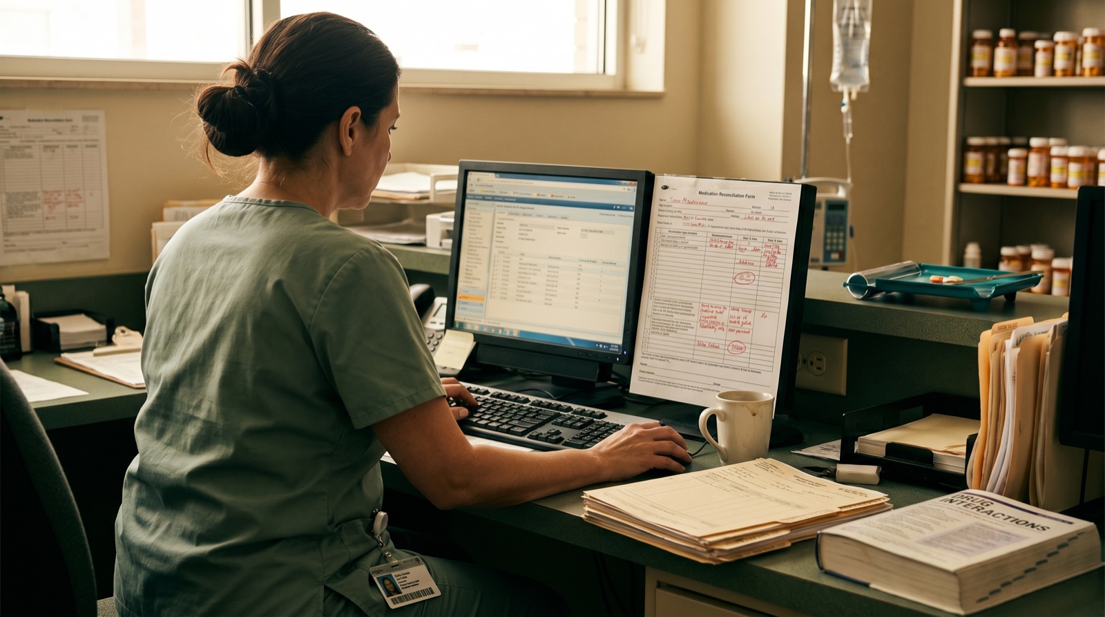 A hospital pharmacist in sage scrubs reviewing medication orders at a workstation in a real hospital pharmacy — what hospital pharmacists do day-to-day